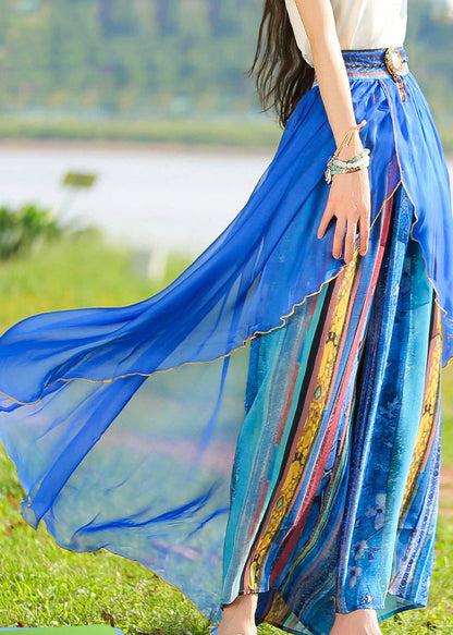 Blue Print Elastic Waist Chiffon Holiday Pants Skirt Summer Ly0188