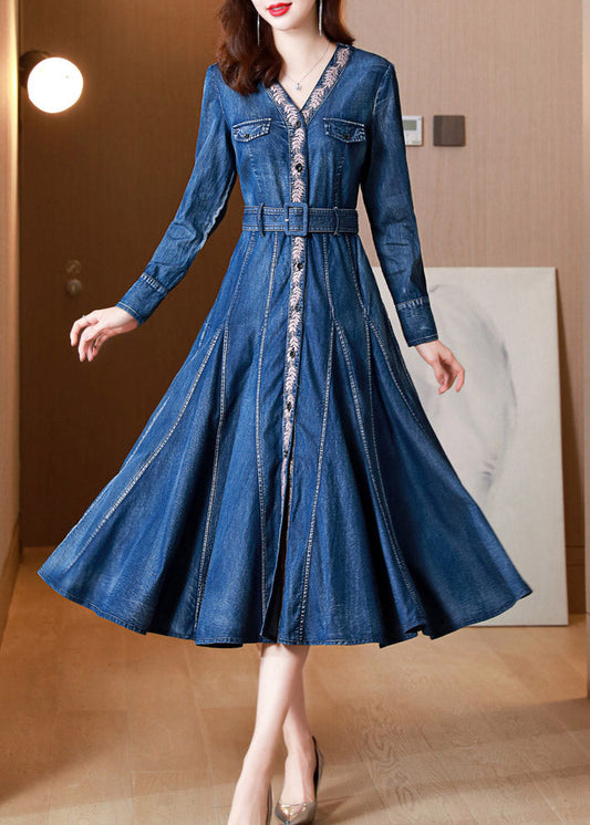 Blue V Neck Print Button Sashes Silk Denim Maxi Dresses Long Sleeve Ac2017