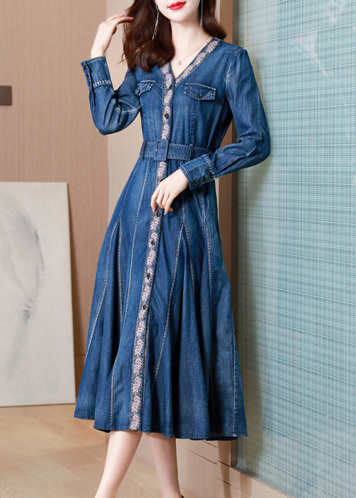 Blue V Neck Print Button Sashes Silk Denim Maxi Dresses Long Sleeve Ac2017