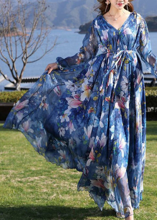 Blue V Neck Print Tie Waist Chiffon Long Dress Long Sleeve Ly1725