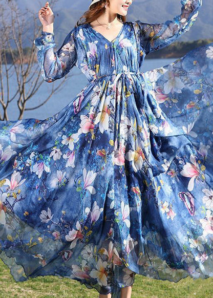 Blue V Neck Print Tie Waist Chiffon Long Dress Long Sleeve Ly1725