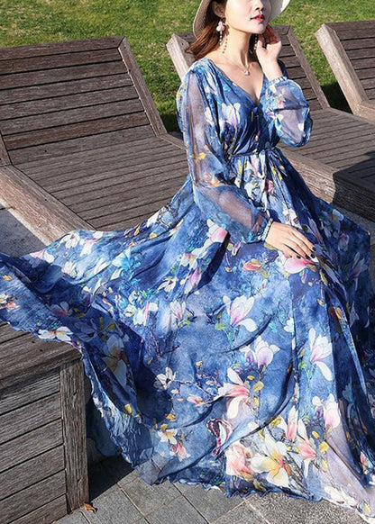 Blue V Neck Print Tie Waist Chiffon Long Dress Long Sleeve Ly1725