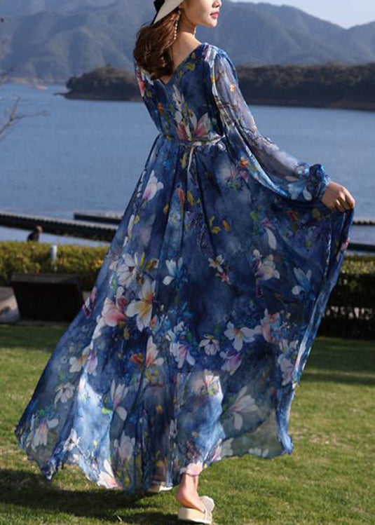 Blue V Neck Print Tie Waist Chiffon Long Dress Long Sleeve Ly1725