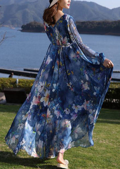 Blue V Neck Print Tie Waist Chiffon Long Dress Long Sleeve Ly1725