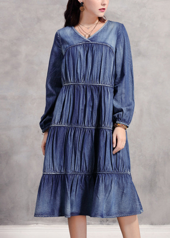 Blue V Neck Wrinkled Patchwork Denim Long Dress Long Sleeve Nn018