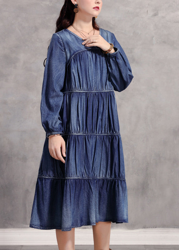 Blue V Neck Wrinkled Patchwork Denim Long Dress Long Sleeve Nn018
