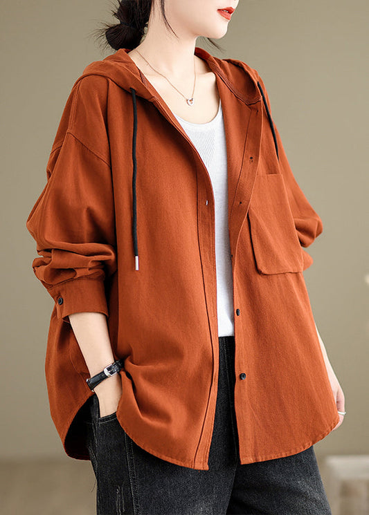 Brick Red Hooded Pockets Cotton Coat Fall Oo003
