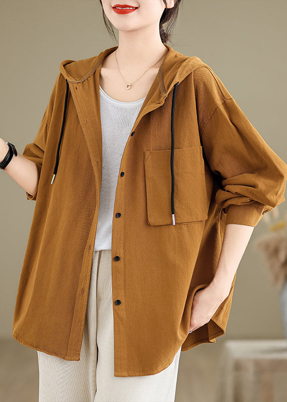 Brick Red Hooded Pockets Cotton Coat Fall Oo003