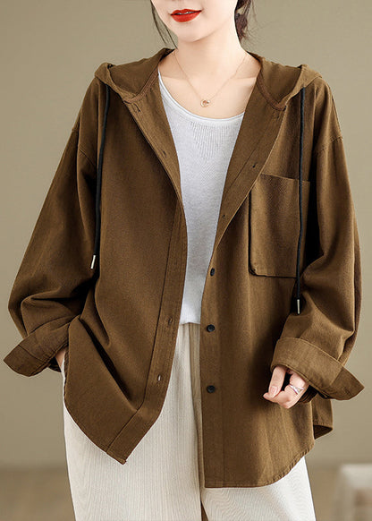 Brick Red Hooded Pockets Cotton Coat Fall Oo003