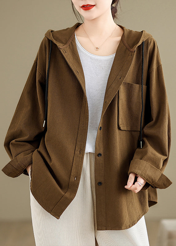 Brick Red Hooded Pockets Cotton Coat Fall Oo003