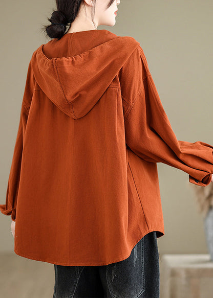 Brick Red Hooded Pockets Cotton Coat Fall Oo003