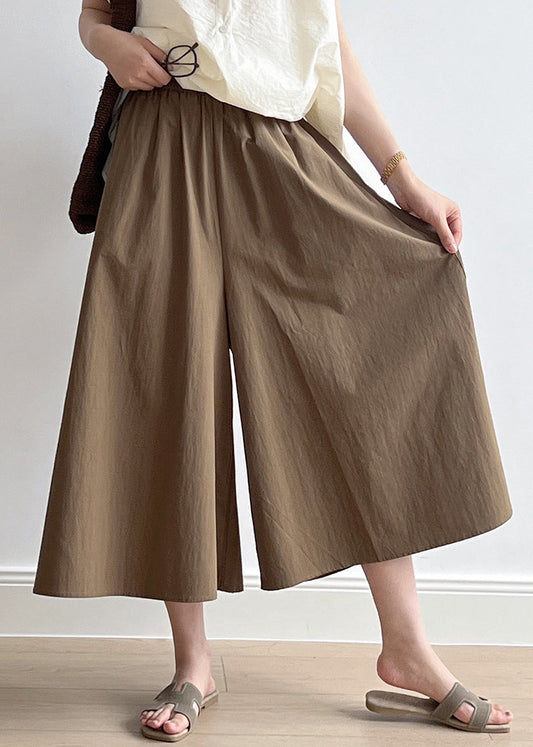 Brown Pockets Elastic Waist Cotton Crop Wide Leg Pants Summer Qb003