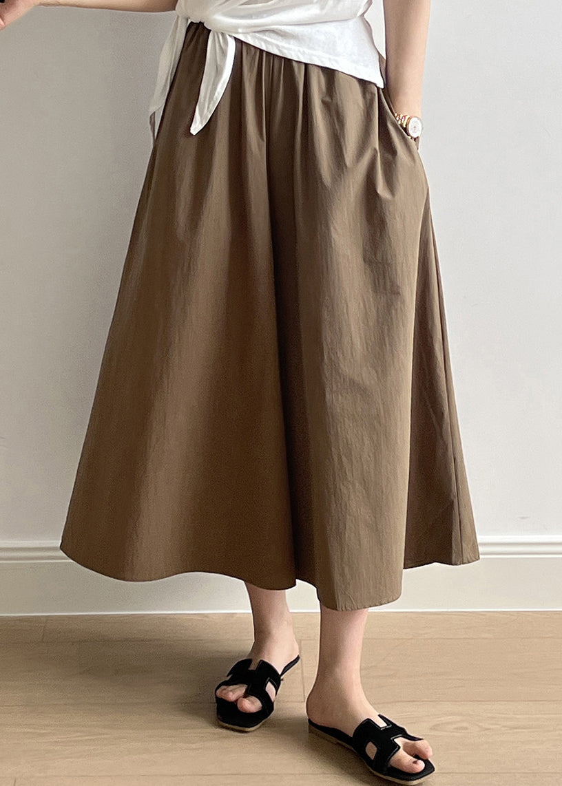 Brown Pockets Elastic Waist Cotton Crop Wide Leg Pants Summer Qb003