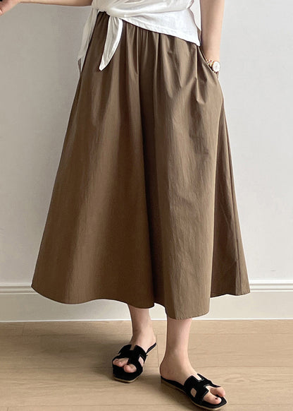 Brown Pockets Elastic Waist Cotton Crop Wide Leg Pants Summer Qb003