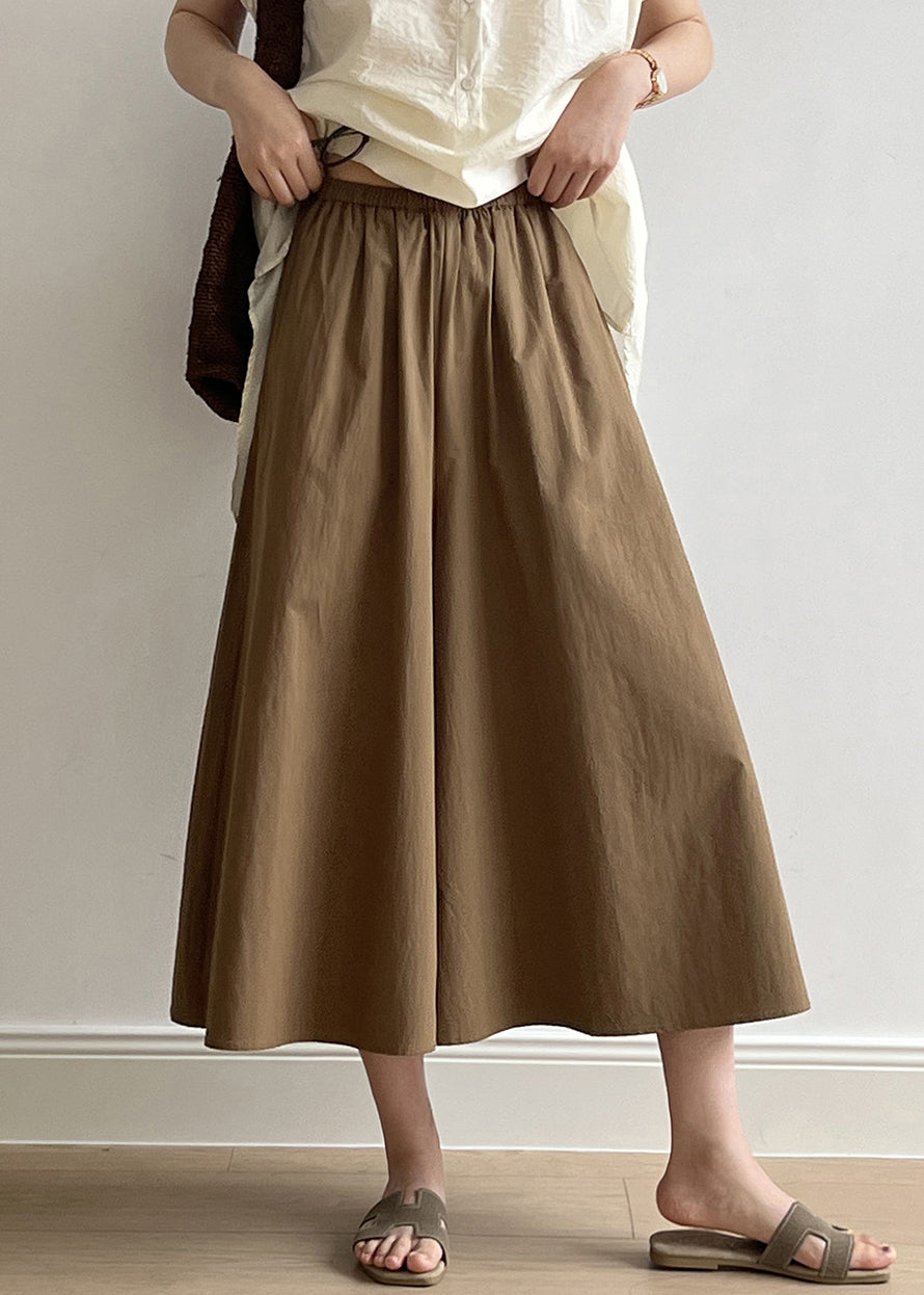 Brown Pockets Elastic Waist Cotton Crop Wide Leg Pants Summer Qb003