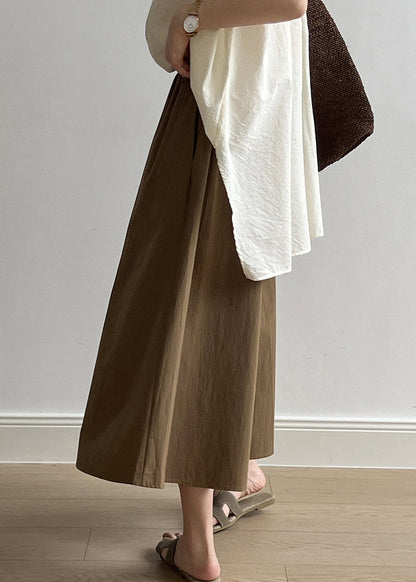 Brown Pockets Elastic Waist Cotton Crop Wide Leg Pants Summer Qb003