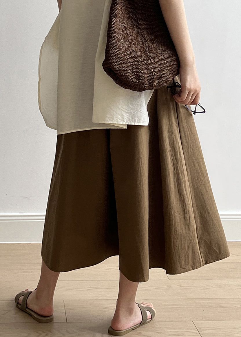 Brown Pockets Elastic Waist Cotton Crop Wide Leg Pants Summer Qb003