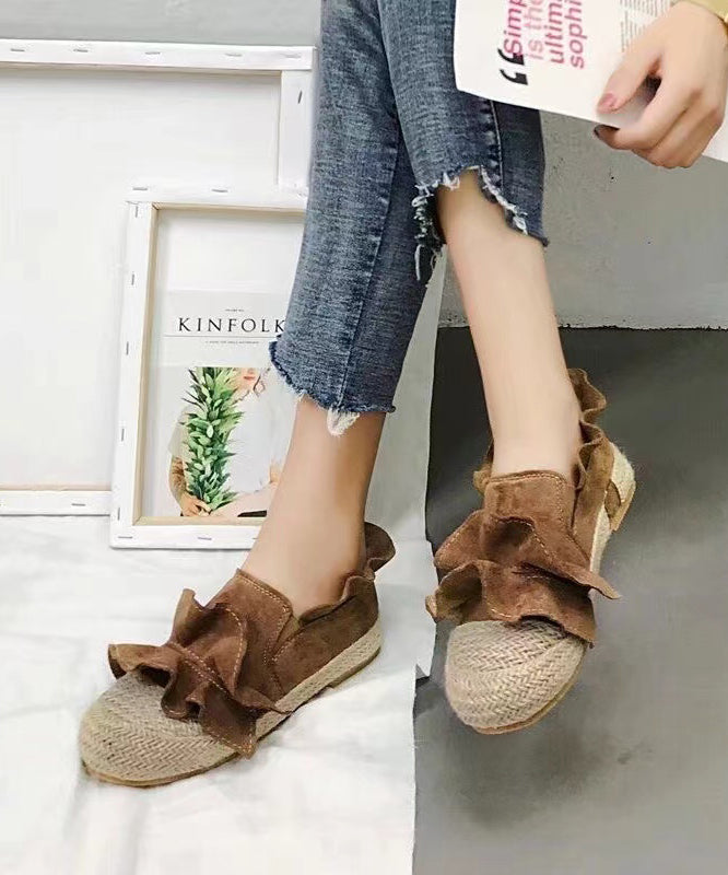 Brown Ruffled Splicing Versatile Flat Feet Shoes Ap1038