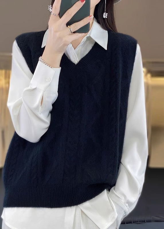 Camel V Neck Thick Cable Wool Knit Waistcoat Fall Qp042
