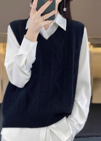 Camel V Neck Thick Cable Wool Knit Waistcoat Fall Qp042