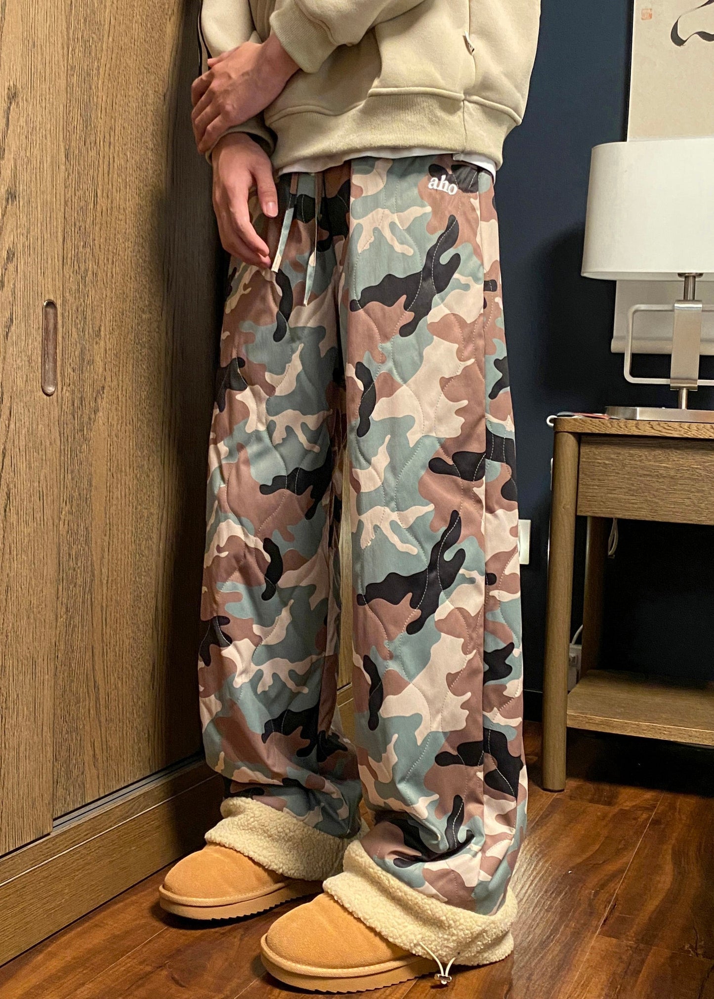 Camouflage Elastic Waist Patchwork Warm Fleece Pants Winter Rm038