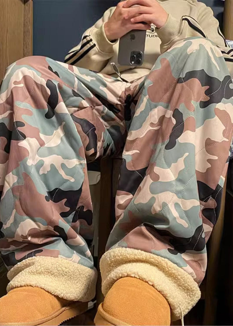 Camouflage Elastic Waist Patchwork Warm Fleece Pants Winter Rm038