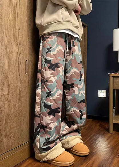 Camouflage Elastic Waist Patchwork Warm Fleece Pants Winter Rm038