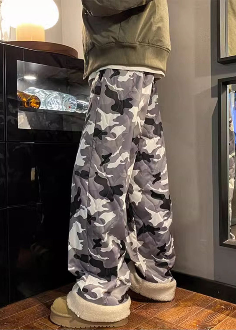 Camouflage Elastic Waist Patchwork Warm Fleece Pants Winter Rm038