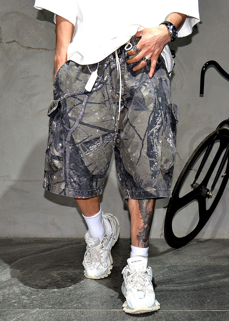 Summer Cotton Waist Elastic Pockets Camouflage Shorts