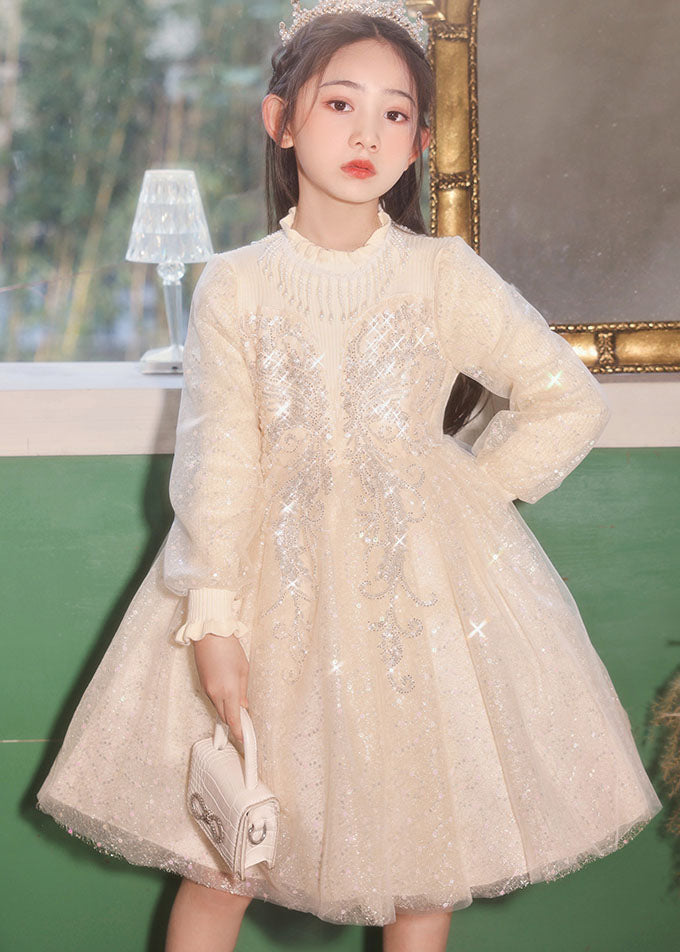Champagne Stand Collar Nail Bead Tulle Kids Long Dress Fall Qv020