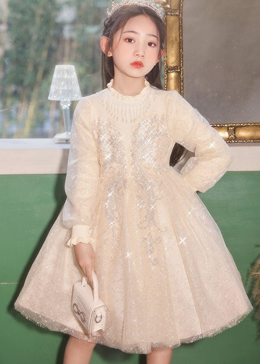 Champagne Stand Collar Nail Bead Tulle Kids Long Dress Fall Qv020