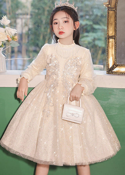Champagne Stand Collar Nail Bead Tulle Kids Long Dress Fall Qv020
