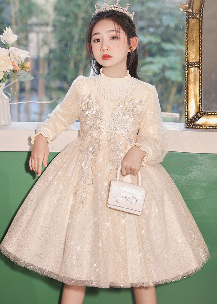 Champagne Stand Collar Nail Bead Tulle Kids Long Dress Fall Qv020