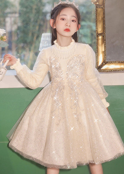 Champagne Stand Collar Nail Bead Tulle Kids Long Dress Fall Qv020
