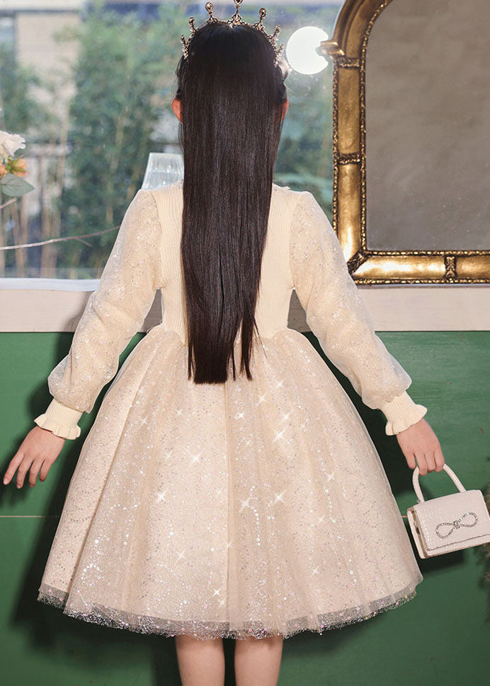 Champagne Stand Collar Nail Bead Tulle Kids Long Dress Fall Qv020