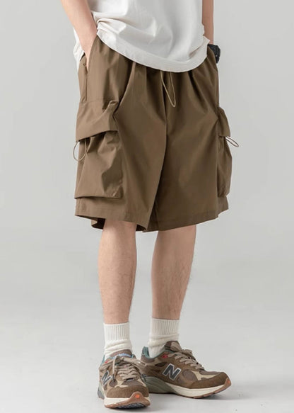 Coffee Cotton Pockets Summer Shorts Drawstring