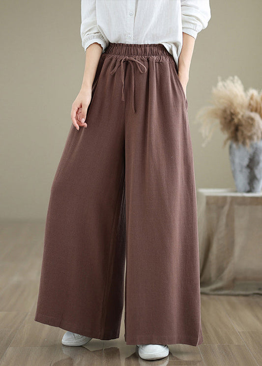 Coffee Pockets Drawstring Cotton Wide Leg Pants Fall Qo044