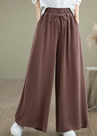Coffee Pockets Drawstring Cotton Wide Leg Pants Fall Qo044