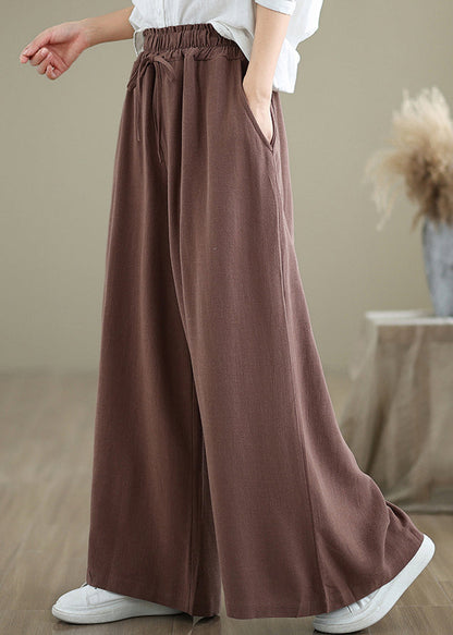 Coffee Pockets Drawstring Cotton Wide Leg Pants Fall Qo044