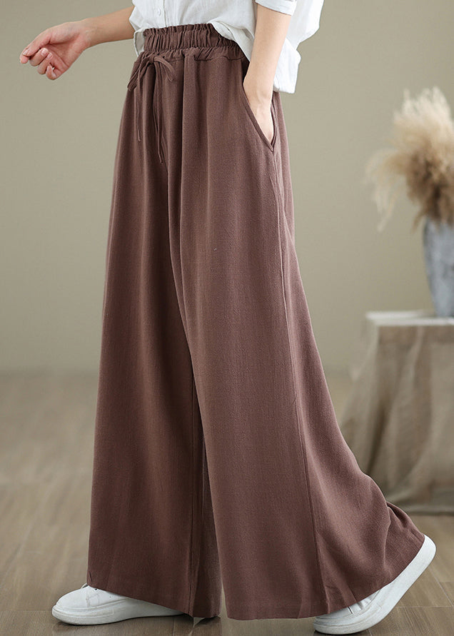 Coffee Pockets Drawstring Cotton Wide Leg Pants Fall Qo044