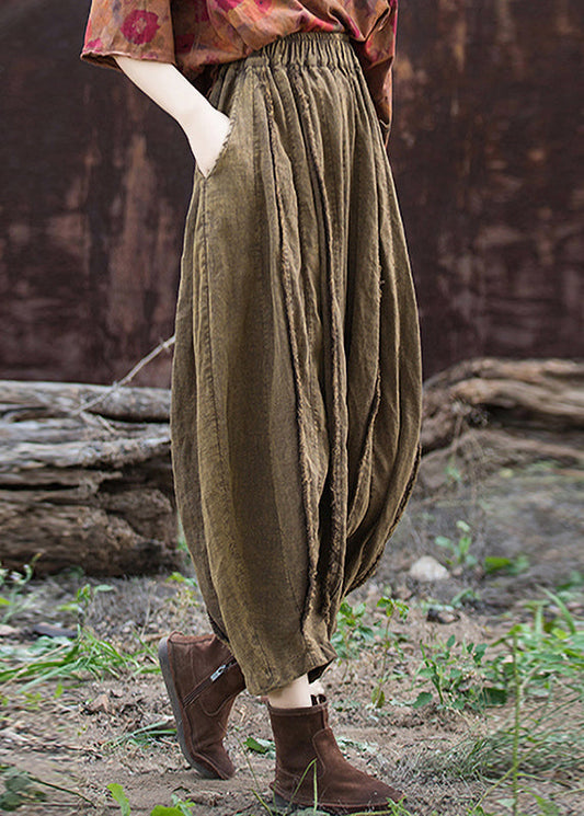 Coffee Pockets Patchwork Linen Crop Pants Summer Ru021