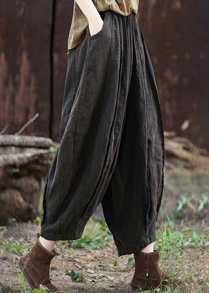 Coffee Pockets Patchwork Linen Crop Pants Summer Ru021