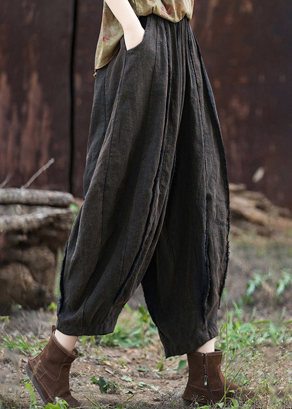 Coffee Pockets Patchwork Linen Crop Pants Summer Ru021