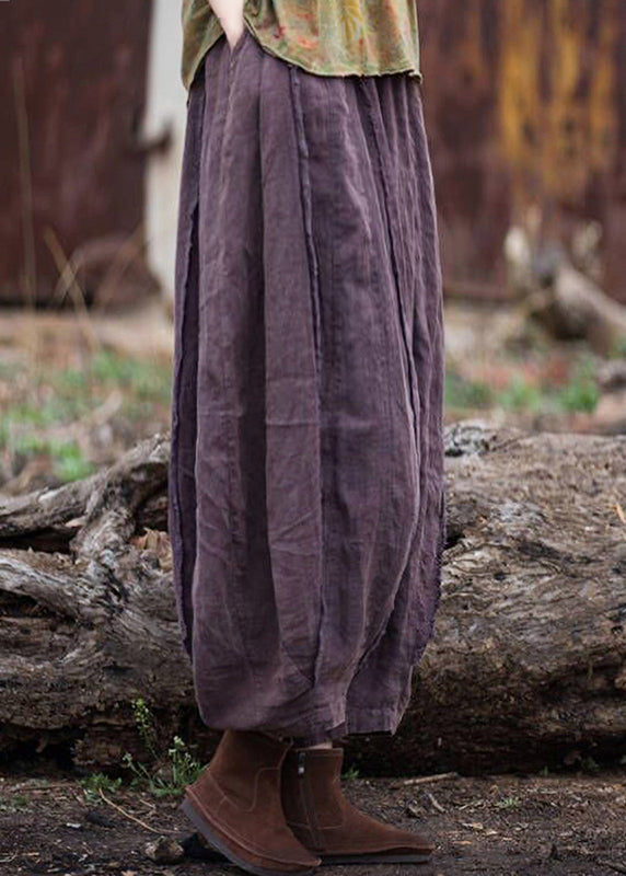 Coffee Pockets Patchwork Linen Crop Pants Summer Ru021