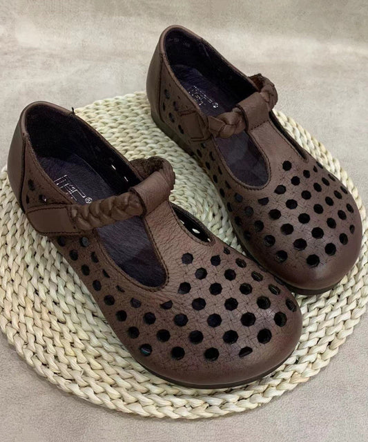 Comfy Coffee Flat Shoes Hollow Out Cowhide Leather Rt1019