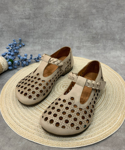 Comfy Coffee Flat Shoes Hollow Out Cowhide Leather Rt1019