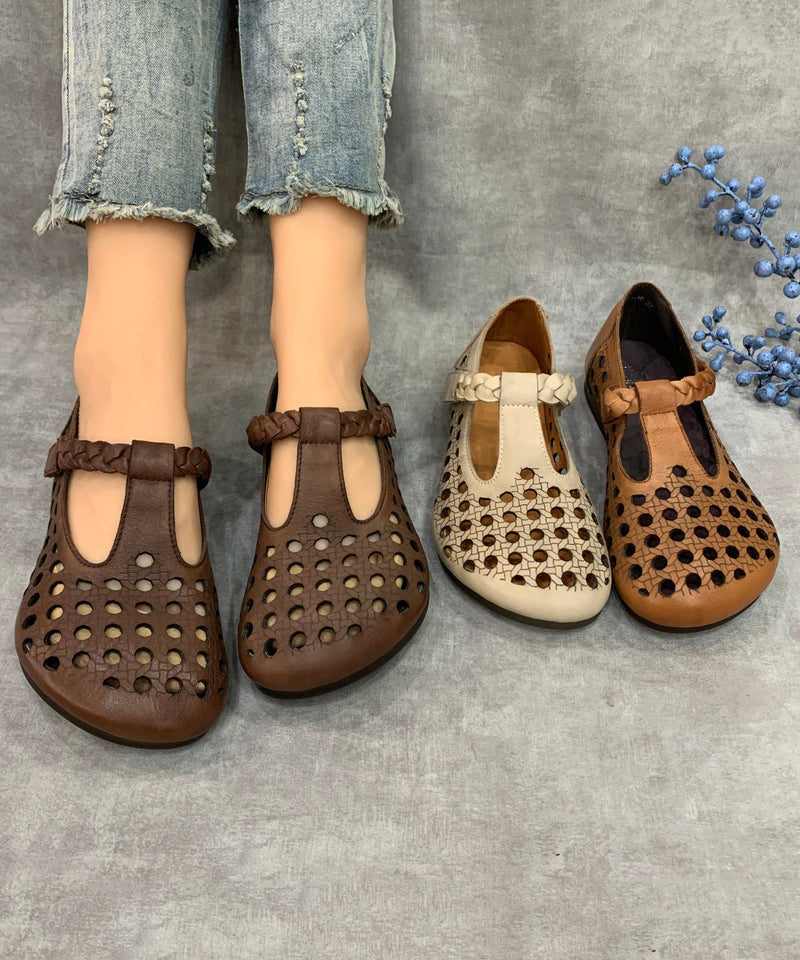 Comfy Coffee Flat Shoes Hollow Out Cowhide Leather Rt1019