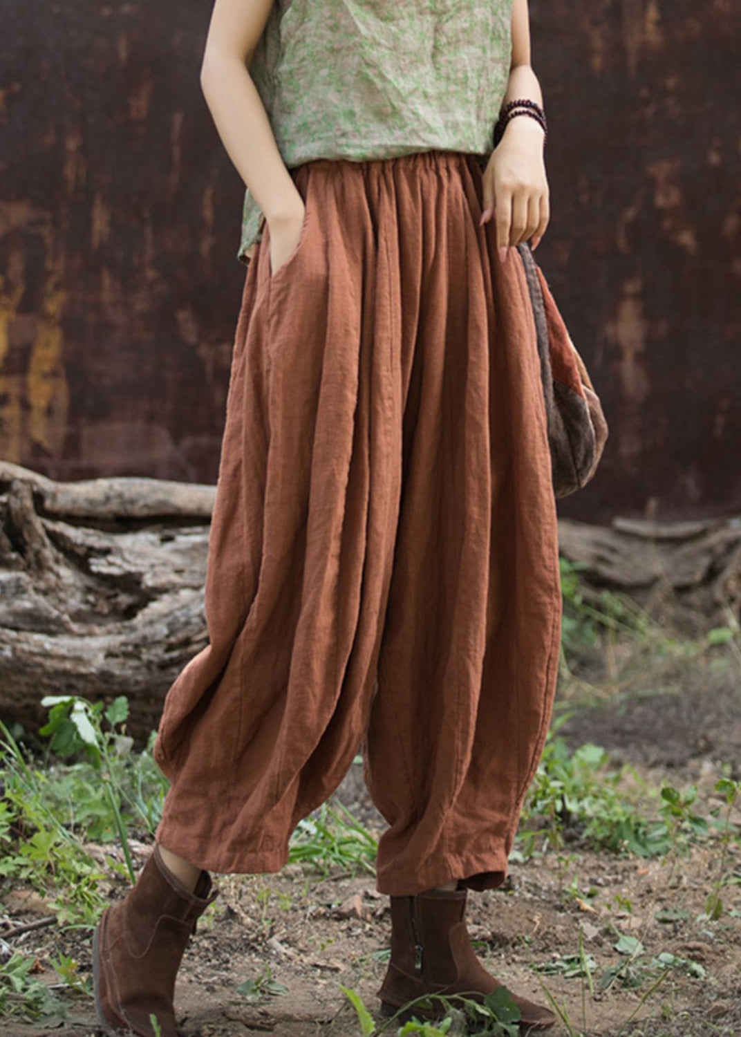 Cozy Linen Pockets Elastic Waist Cotton Crop Pants Summer Qk024