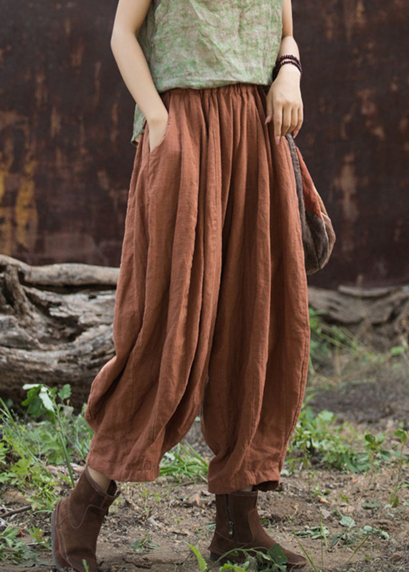 Cozy Linen Pockets Elastic Waist Cotton Crop Pants Summer Qk024