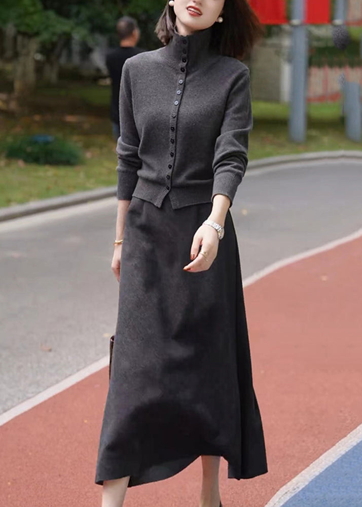 Dark Grey Stand Collar Cotton Knit Cardigans and Maxi Skirts Two Piece Set Winter Rf035